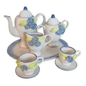 Miniature Porcelain Doll House Tea Set Blue and White Floral with Tray 10 Pieces