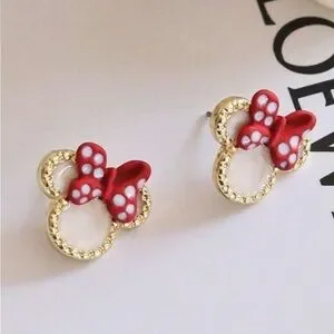 Minnie Mouse Red And Gold Bow Earrings