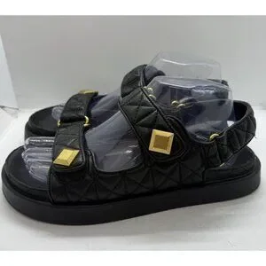 MNG Mango Sandals Womens EU38 US7 Black Padded Studs Chunky Quilted Double Strap