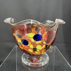 Mouth Blown Confetti Glass Handmade Whimsical Candy Bowl 4" X 5.5"