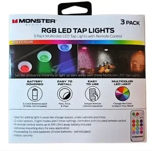 Multicolor LED Tap Lights With Remote Control Set Of 3 New In Box