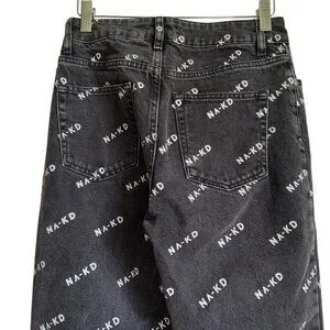 NA-KD Indie All Over Print 5 Pocket Charcoal Cotton Denim Skinny Jeans Sz 36 US6