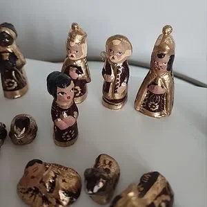 NATIVITY Set Miniature Mexican Pottery Of 14 Hand Painted Gold/ Chocolate Brown