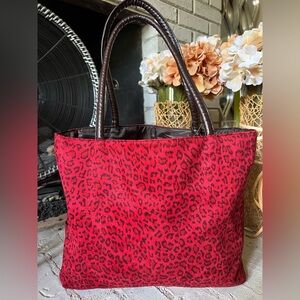 Neiman Marcus Red Leopard Print Tote Bag With Brown Handles