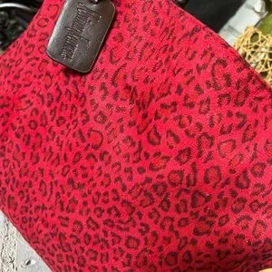 Neiman Marcus Red Leopard Print Tote Bag With Brown Handles