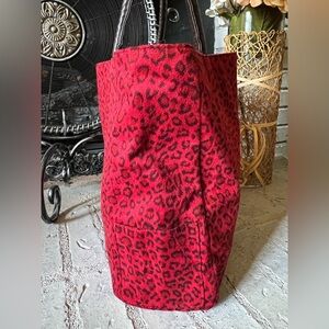 Neiman Marcus Red Leopard Print Tote Bag With Brown Handles