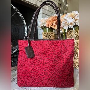 Neiman Marcus Red Leopard Print Tote Bag with Brown Handles