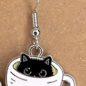 New Cat Coffee Cup Earrings - Black And White Handmade BOGO