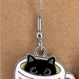 New Cat Coffee Cup Earrings - Black And White Handmade BOGO