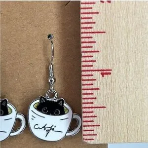 New Cat Coffee Cup Earrings - Black And White Handmade BOGO