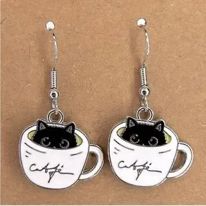 New Cat Coffee Cup Earrings - Black and White handmade BOGO