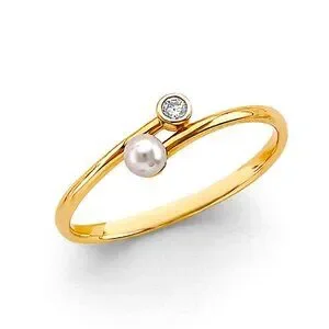 New Dainty Real 14K Yellow Gold CZ and Pearl Ring