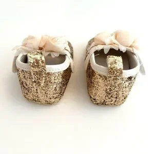 NEW Gold Glitter Baby Dress Shoes W/Floral Accent BABY Size 3 - New Without Tags
