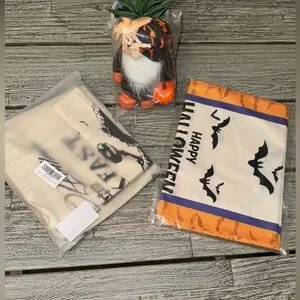 NEW Halloween SET 4 Burlap Pillow Cases 18" 13 X 72" Burlap Table Runner Gnome