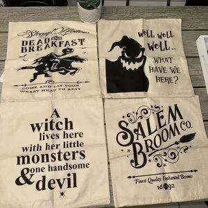 NEW Halloween SET 4 Burlap Pillow Cases 18" 13 X 72" Burlap Table Runner Gnome