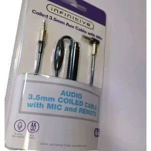 New Infinitive Coiled 3.5 Mm Aux Cable With Mic And Remote New 6ft. Sealed NIP