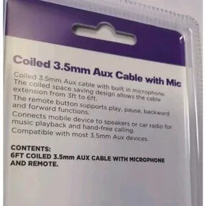New Infinitive Coiled 3.5 Mm Aux Cable With Mic And Remote New 6ft. Sealed NIP