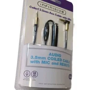 New Infinitive Coiled 3.5 Mm Aux Cable With Mic And Remote New 6ft. Sealed NIP