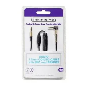 New Infinitive Coiled 3.5 mm Aux Cable with Mic and Remote New 6ft. Sealed NIP