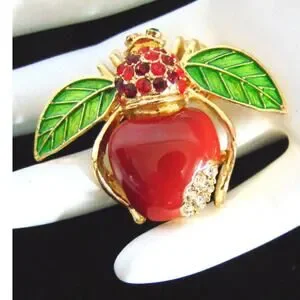 NEW Joan Rivers Big Red APPLE BEE PIN Bug Brooch Pave Crystal Rhinestones Enamel