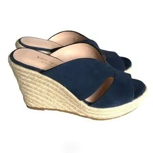 NEW Kate Spade Tropez Blue Suede Sandals Espadrille Leather Wedges Mules Women’s