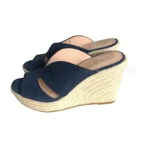 NEW Kate Spade Tropez Blue Suede Sandals Espadrille Leather Wedges Mules Women’s