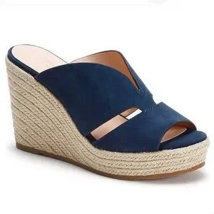 NEW Kate Spade Tropez Blue Suede Sandals Espadrille Leather Wedges Mules Women’s