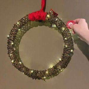 New LED Light Wicker Rattan Christmas Wreath 17in Battery Operated