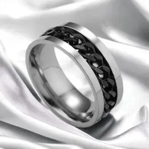 NEW Men’s Black Chain Spinner Ring Silver Stainless Steel Jewelry 8mm Wide