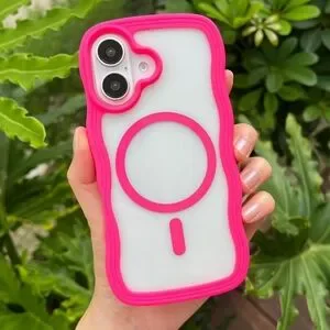 New Pink IPhone 16 Case Cute Wavy Clear Magnectic MagSafe Compatible Phone Cover