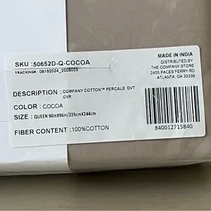 New Queen 100% Cotton Percale Duvet Cover The Company Store- Cocoa 90x96