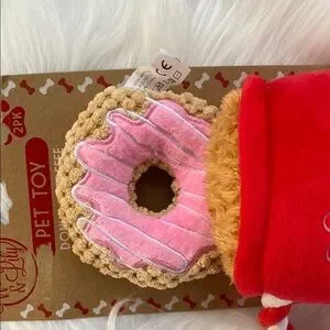 New Red Coffee Cup Dog Toy With Pink Donut With Squeaker