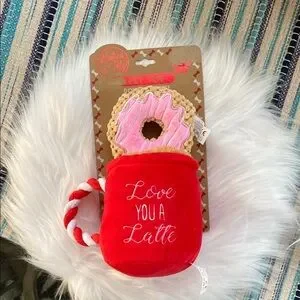 New Red Coffee Cup Dog Toy with Pink Donut with Squeaker