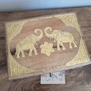 New World Traveler Indian Elephant Gold Wood Keepsake Storage Jewelry Box