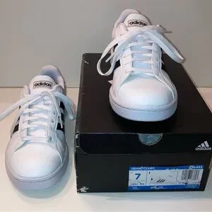 NIB Adidas Grand Court Tennis Shoes White Black Sporty Prep Designer Sneakers 7