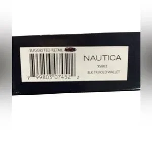 NIB NAUTICA Full Grain Leather Men’s Black Tri-Fold Wallet W/Wooden Valet Box