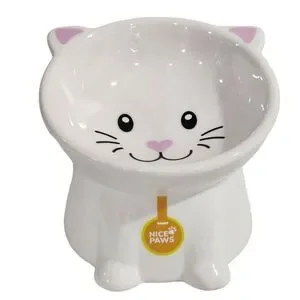 Nice Paws Ceramic Tilted And Elevated Kitty Cat Food Bowl White 4"Hx5"W