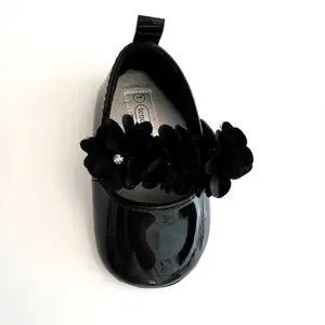 (NWOT) Elegant Baby Girl Black Dress Shoes W/Floral & Rhinestone Details Size 1