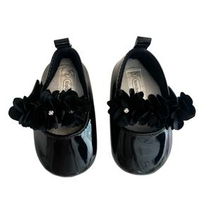 (NWOT) Elegant Baby Girl Black Dress Shoes w/Floral & Rhinestone Details Size 1
