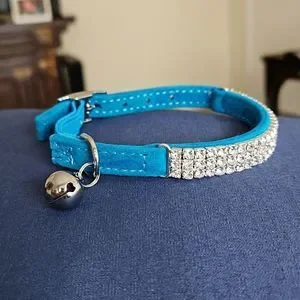 NWOT Soft Blue Velvet adjustable Cat Collar With Rhinestones And A Bell