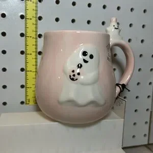 NWT COBWEBS & CAULDRONS Spooky Ghost & A Little Ghost W/ Hat White & Pink Mug