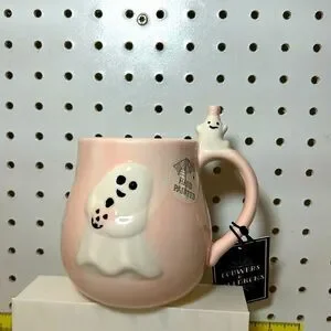 NWT COBWEBS & CAULDRONS Spooky Ghost & a little ghost w/ hat White & Pink Mug