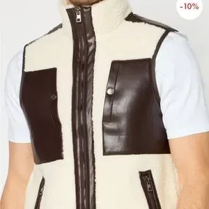 NWT Michael Kors Men’s Sherpa Mock Neck Sleeveless Textured Vest Cream/Brown