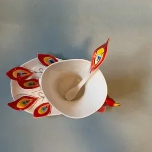 NWT Peacock Porcelain Tea/Coffee Mug With Saucer + Spoon Set