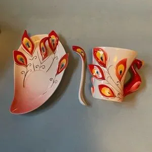 NWT Peacock Porcelain Tea/Coffee Mug With Saucer + Spoon Set