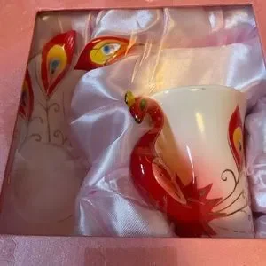 NWT Peacock Porcelain Tea/Coffee Mug With Saucer + Spoon Set