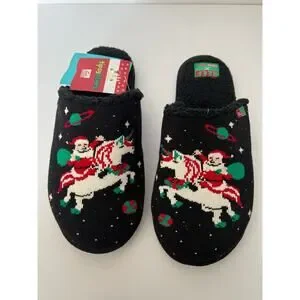 NWT REEF X Tipsy Elves Men's Santa Unicorn Reef Slippers Faux Fur Black Size 9