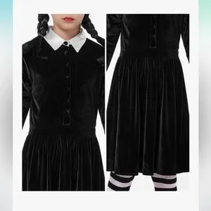 NWT Spooktacular Girls Black Skater Dress Halloween Costume Goth Wig Socks