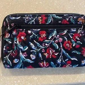 NWT Vera Bradley RFID Turn Lock Wallet. Approx 5”x7”. Black With Red Flowers