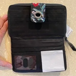 NWT Vera Bradley RFID Turn Lock Wallet. Approx 5”x7”. Black With Red Flowers